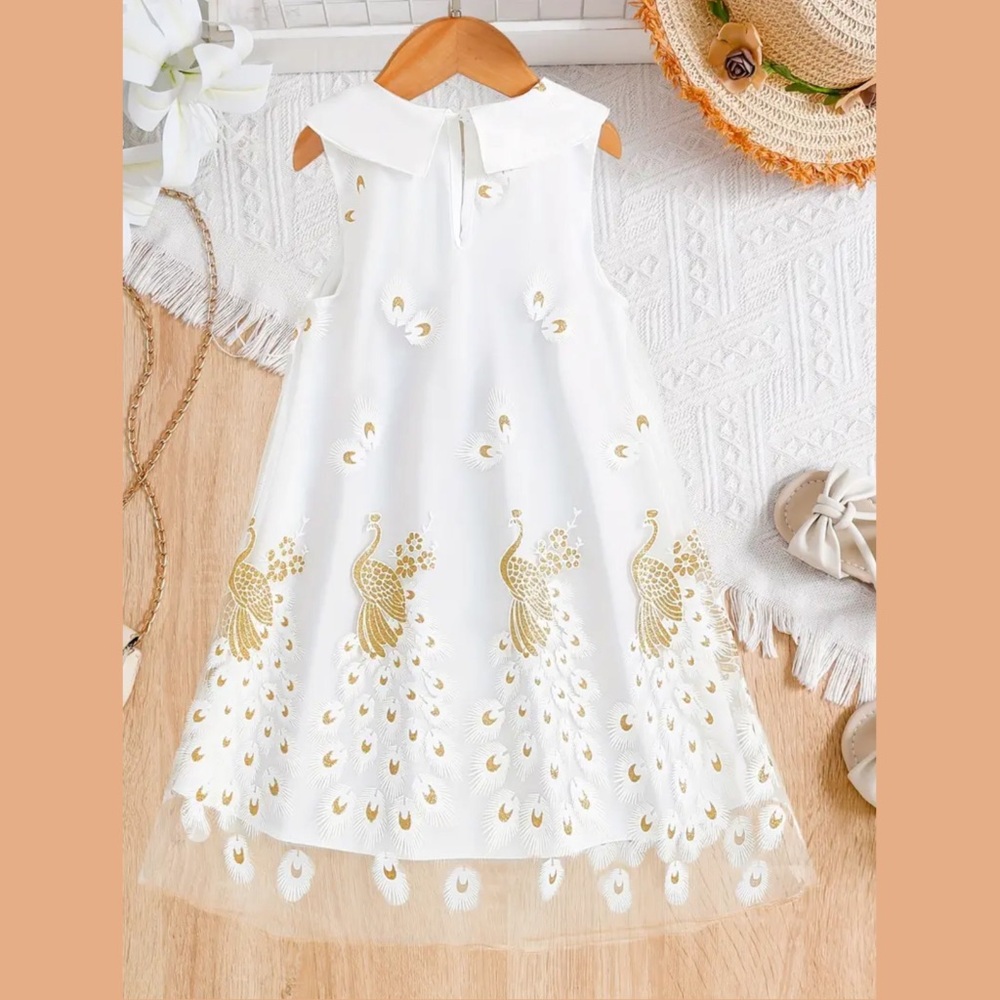 Golden Peacock Printed Lapel White Dress (4Y) - Picture 12 of 13